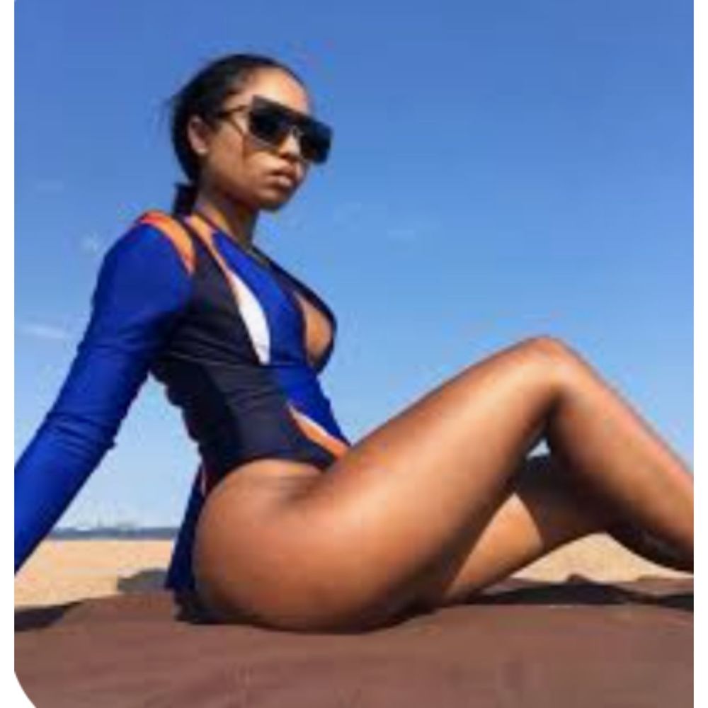 Color Blocked Long Sleeve One Piece Deep V Swimsuit High Cut Bodysuit S
